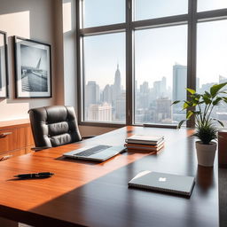A serene and professional office setting featuring a sleek wooden desk adorned with a laptop, some notebooks, and a stylish pen