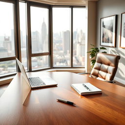 A serene and professional office setting featuring a sleek wooden desk adorned with a laptop, some notebooks, and a stylish pen