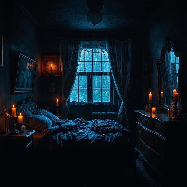 A spooky and terrifying bedroom design featuring dark colors, eerie shadows, and unsettling decor