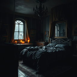 A spooky and terrifying bedroom design featuring dark colors, eerie shadows, and unsettling decor