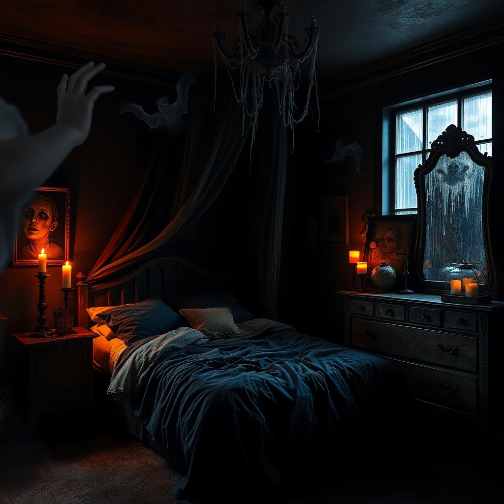 A spooky and terrifying bedroom design featuring dark colors, eerie shadows, and unsettling decor