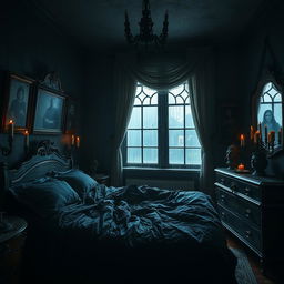A spooky and terrifying bedroom design featuring dark colors, eerie shadows, and unsettling decor
