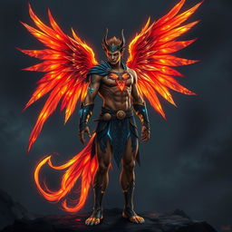 A mythical warrior hybrid character that is half-human, half-phoenix