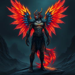 A mythical warrior hybrid character that is half-human, half-phoenix