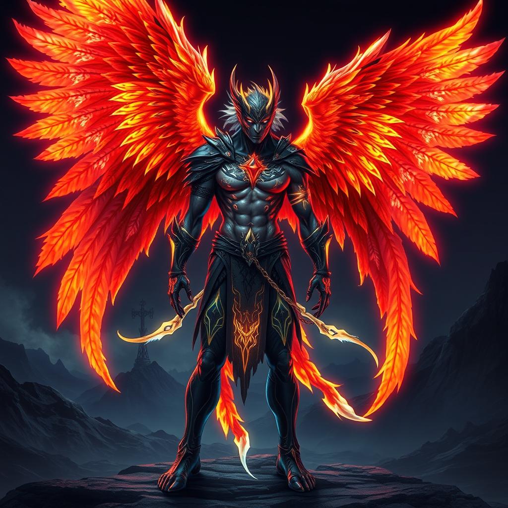 A mythical warrior hybrid character that is half-human, half-phoenix