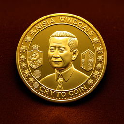 A beautifully designed golden cryptocurrency coin featuring an embossed portrait of Indonesian President Joko Widodo (Jokowi) on the front side