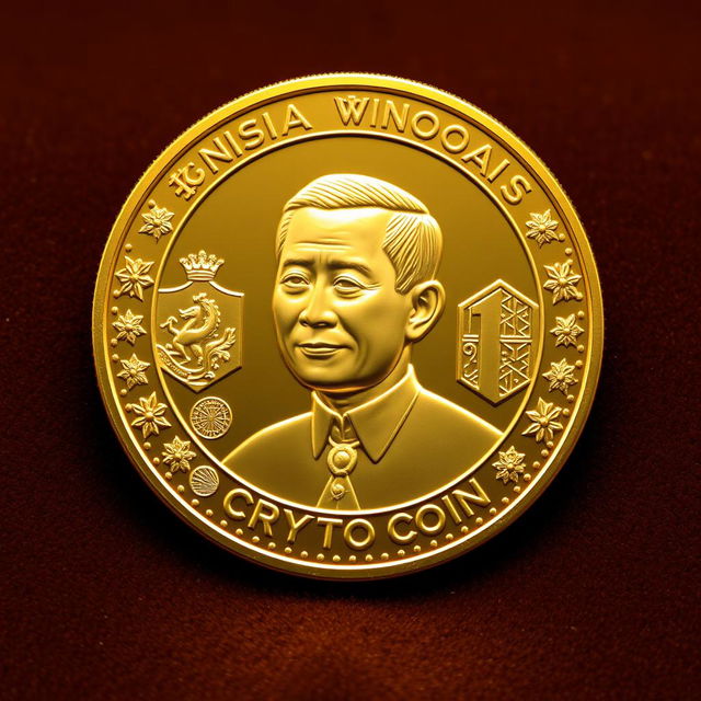 A beautifully designed golden cryptocurrency coin featuring an embossed portrait of Indonesian President Joko Widodo (Jokowi) on the front side
