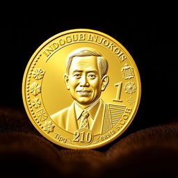 A beautifully designed golden cryptocurrency coin featuring an embossed portrait of Indonesian President Joko Widodo (Jokowi) on the front side
