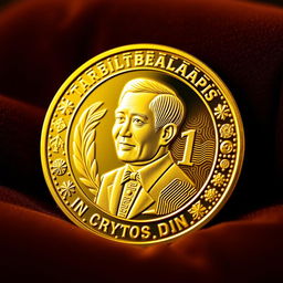 A beautifully designed golden cryptocurrency coin featuring an embossed portrait of Indonesian President Joko Widodo (Jokowi) on the front side