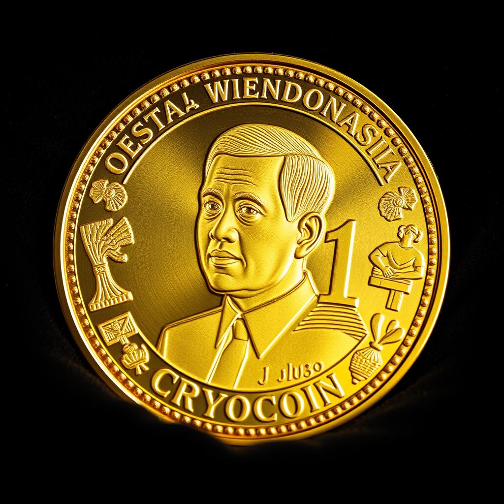 A beautifully designed golden cryptocurrency coin featuring an embossed portrait of Indonesian President Joko Widodo (Jokowi) on the front side