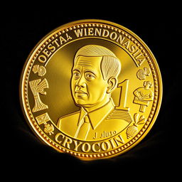 A beautifully designed golden cryptocurrency coin featuring an embossed portrait of Indonesian President Joko Widodo (Jokowi) on the front side
