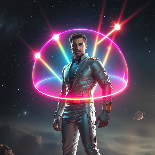 A scene depicting a man in a futuristic environment, standing confidently with a radiant force field bubble dome surrounding him, shimmering with vibrant colors