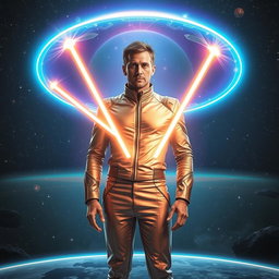 A scene depicting a man in a futuristic environment, standing confidently with a radiant force field bubble dome surrounding him, shimmering with vibrant colors