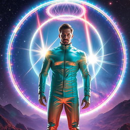 A scene depicting a man in a futuristic environment, standing confidently with a radiant force field bubble dome surrounding him, shimmering with vibrant colors