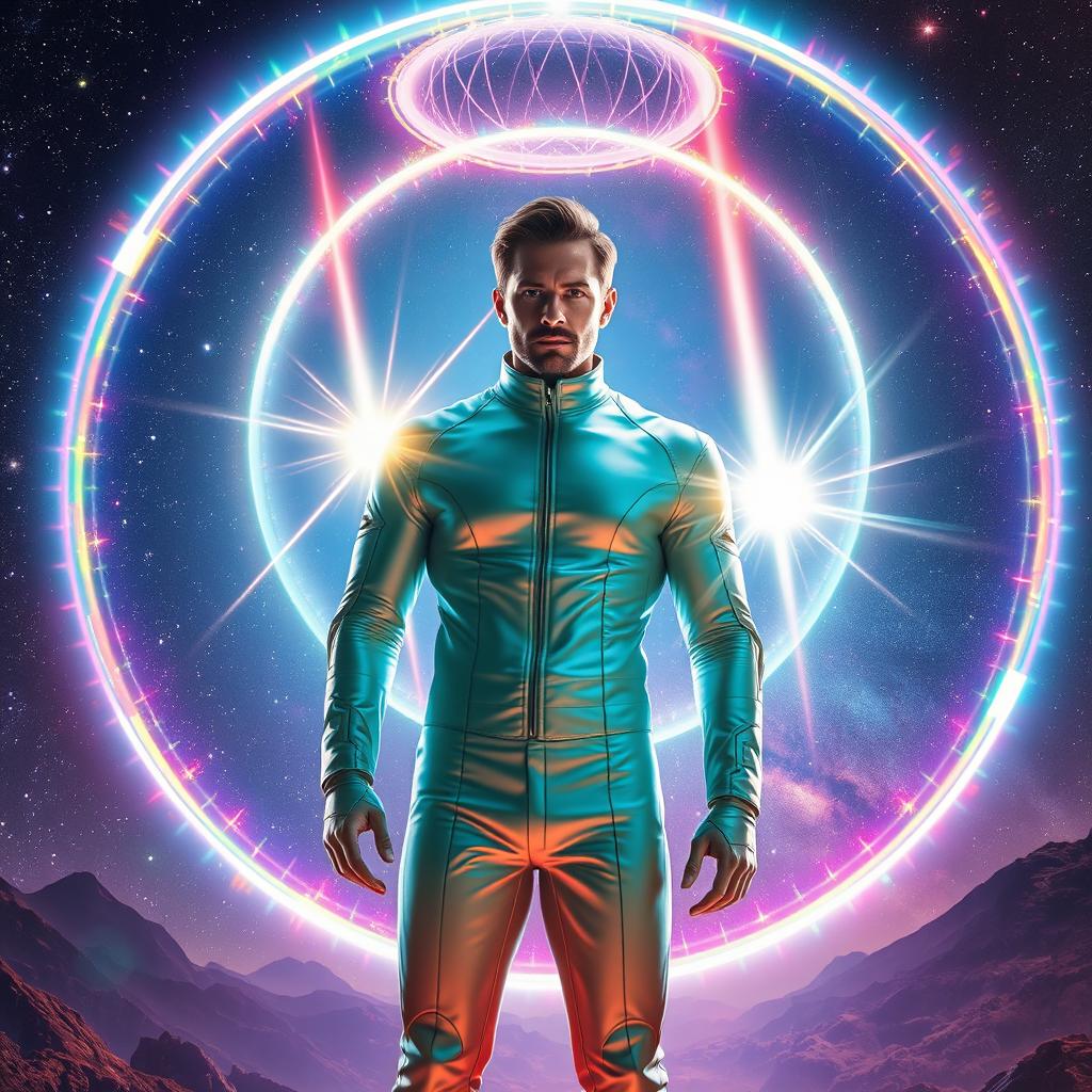 A scene depicting a man in a futuristic environment, standing confidently with a radiant force field bubble dome surrounding him, shimmering with vibrant colors