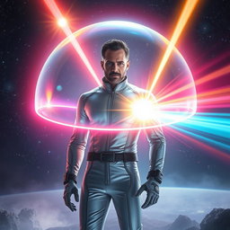 A scene depicting a man in a futuristic environment, standing confidently with a radiant force field bubble dome surrounding him, shimmering with vibrant colors