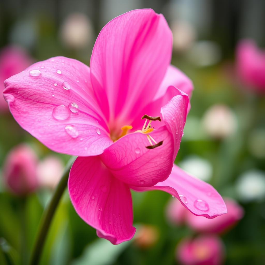 A close-up, artistic depiction of a pink flower, emphasizing its delicate petals and vibrant color