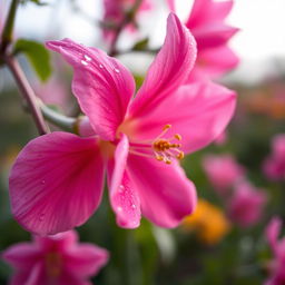 A close-up, artistic depiction of a pink flower, emphasizing its delicate petals and vibrant color