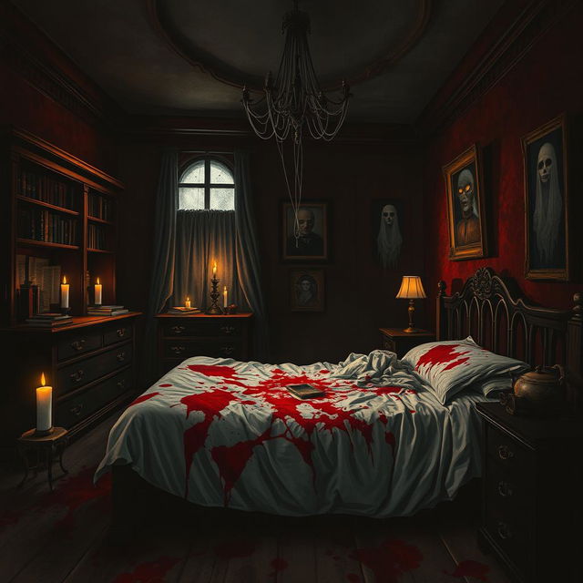 A sinister and eerie scene depicting a horror-themed bedroom that resembles a murder scene