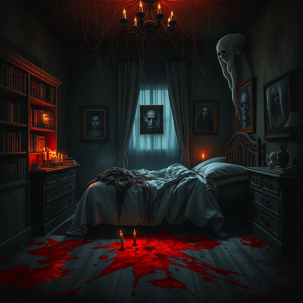 A sinister and eerie scene depicting a horror-themed bedroom that resembles a murder scene