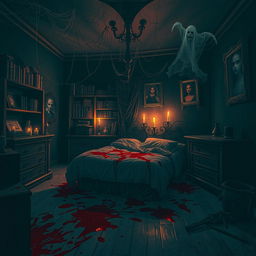 A sinister and eerie scene depicting a horror-themed bedroom that resembles a murder scene