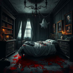 A sinister and eerie scene depicting a horror-themed bedroom that resembles a murder scene