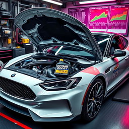 A sleek, modern car in a vivid technical garage surrounded by tools and gadgets