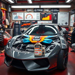 A sleek, modern car in a vivid technical garage surrounded by tools and gadgets