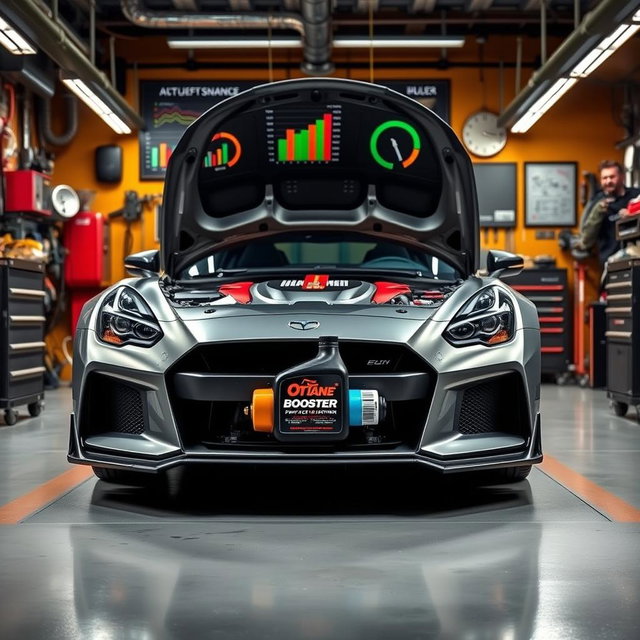 A sleek, modern car in a vivid technical garage surrounded by tools and gadgets