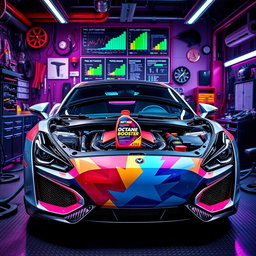 A sleek, modern car in a vivid technical garage surrounded by tools and gadgets