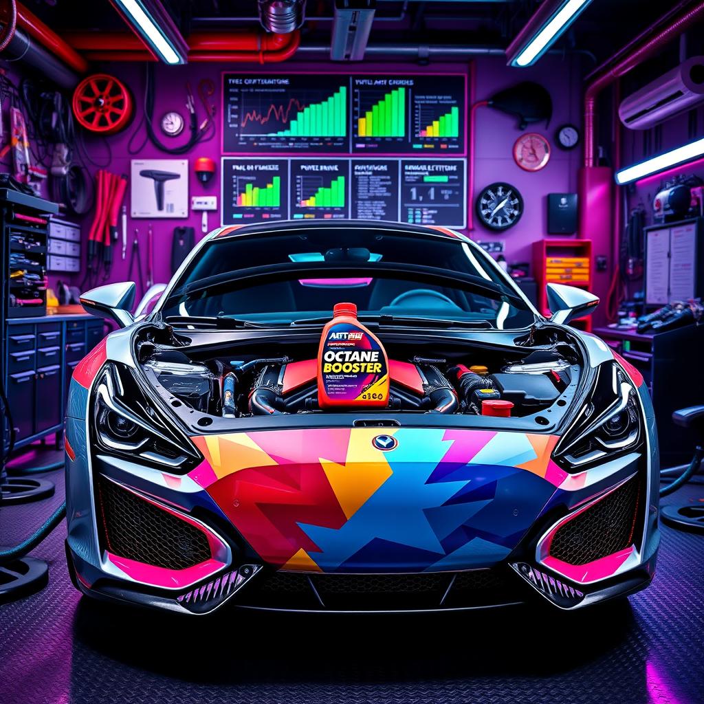 A sleek, modern car in a vivid technical garage surrounded by tools and gadgets