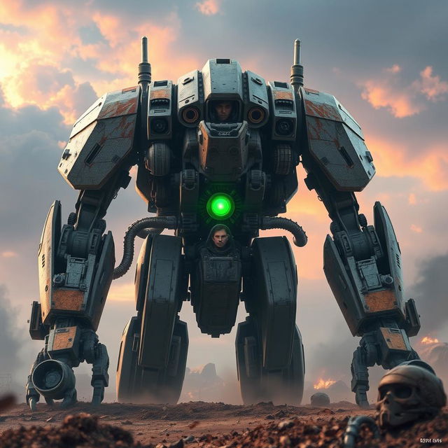 A colossal mech robot towering over a desolate battlefield, featuring intricate gears, tubes, and energy cores seamlessly integrated into its design