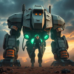 A colossal mech robot towering over a desolate battlefield, featuring intricate gears, tubes, and energy cores seamlessly integrated into its design