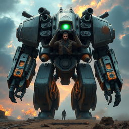 A colossal mech robot towering over a desolate battlefield, featuring intricate gears, tubes, and energy cores seamlessly integrated into its design