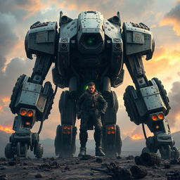 A colossal mech robot towering over a desolate battlefield, featuring intricate gears, tubes, and energy cores seamlessly integrated into its design