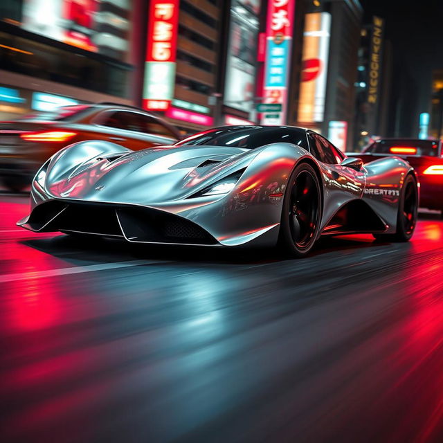 A stunningly sleek, futuristic silver car designed in the style of 'Nigeist for Speed', showcasing aerodynamic curves and a glossy finish