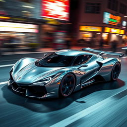 A stunningly sleek, futuristic silver car designed in the style of 'Nigeist for Speed', showcasing aerodynamic curves and a glossy finish
