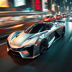 A stunningly sleek, futuristic silver car designed in the style of 'Nigeist for Speed', showcasing aerodynamic curves and a glossy finish