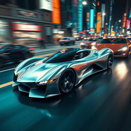 A stunningly sleek, futuristic silver car designed in the style of 'Nigeist for Speed', showcasing aerodynamic curves and a glossy finish