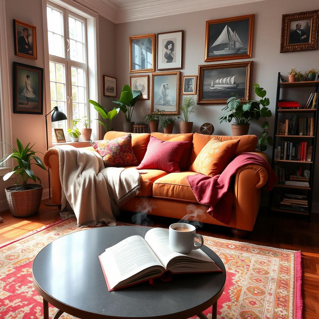 A cozy indoor room with a warm ambiance, featuring a plush sofa adorned with colorful throw pillows and a soft blanket draped over the side