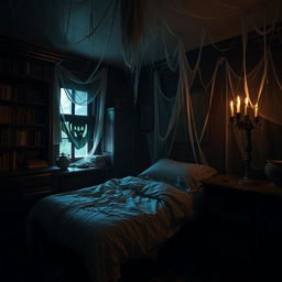 A spooky, dimly lit room filled with cobwebs, featuring a terrifying design that evokes fear