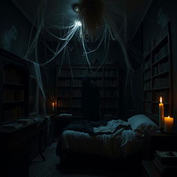 A spooky, dimly lit room filled with cobwebs, featuring a terrifying design that evokes fear