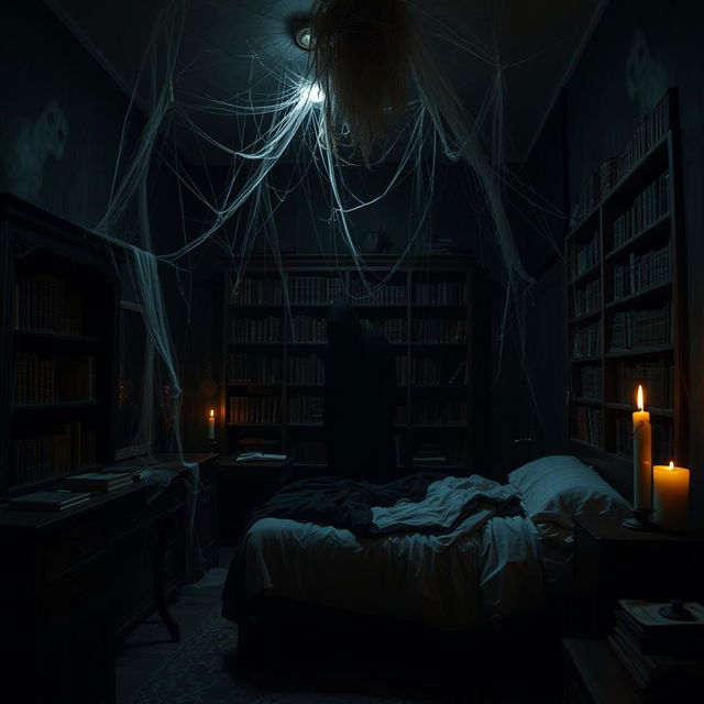 A spooky, dimly lit room filled with cobwebs, featuring a terrifying design that evokes fear