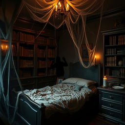 A spooky, dimly lit room filled with cobwebs, featuring a terrifying design that evokes fear