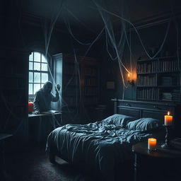A spooky, dimly lit room filled with cobwebs, featuring a terrifying design that evokes fear