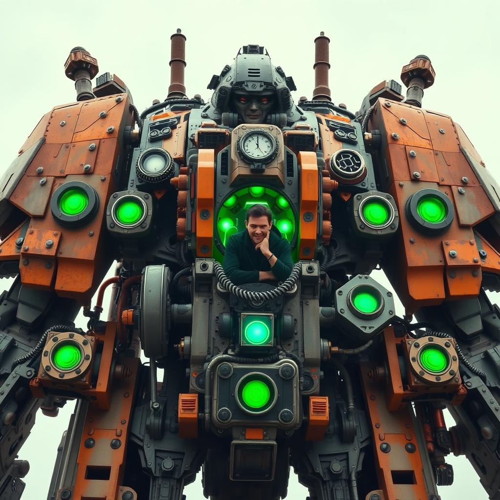 A colossal mechanical behemoth, featuring an intricately designed mech robot with a human pilot seated at the center