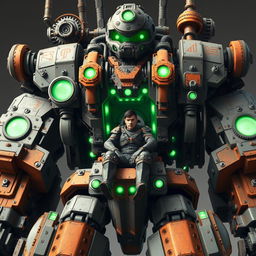A colossal mechanical behemoth, featuring an intricately designed mech robot with a human pilot seated at the center