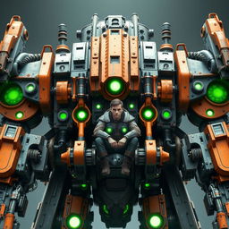 A colossal mechanical behemoth, featuring an intricately designed mech robot with a human pilot seated at the center
