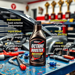 A sleek bottle of octane booster sitting on a vibrant garage workbench surrounded by tools and car parts, highlighting its benefits such as improved engine performance, increased horsepower, enhanced fuel efficiency, and reduced engine knock