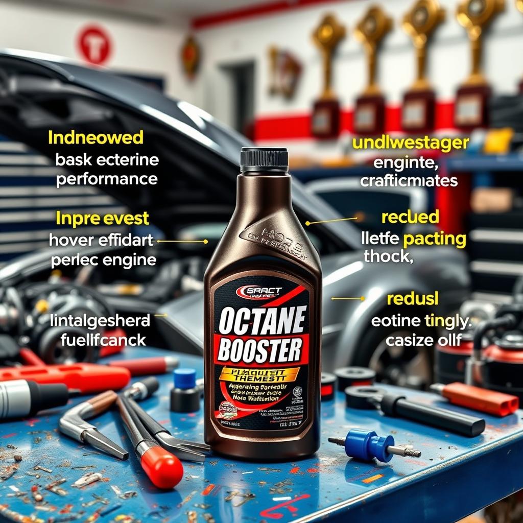 A sleek bottle of octane booster sitting on a vibrant garage workbench surrounded by tools and car parts, highlighting its benefits such as improved engine performance, increased horsepower, enhanced fuel efficiency, and reduced engine knock